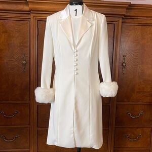 Elegant White Fully Lined Dress and Coat with Removable Faux Fur Cuffs